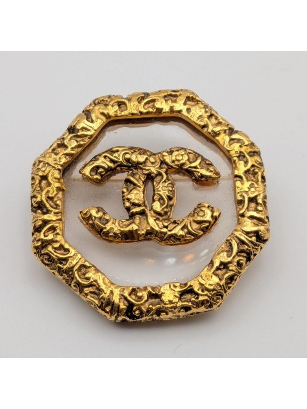 Chanel Brooch CC Logo Lava Gold Clear Vintage